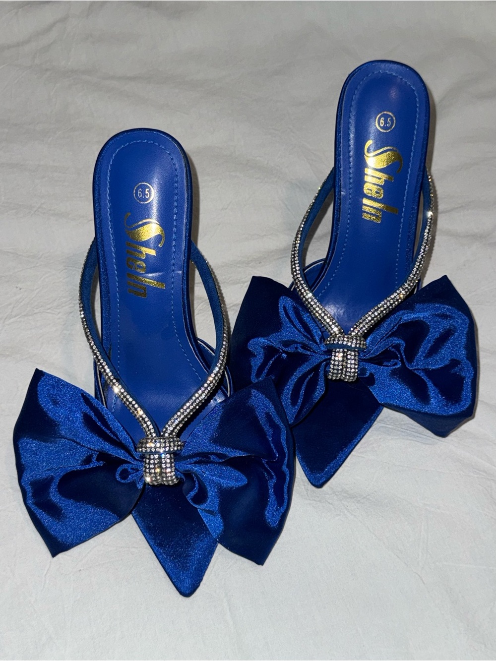 SHEIN Royal Blue Satin Bow Slip-On Mules with Rhinestone Trim